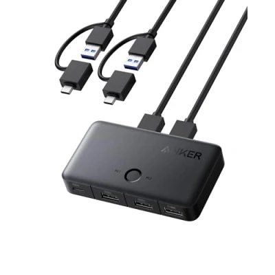 Afbeelding van Anker De KVM switch maakt het mogelijk om tussen 2 computers te schakelen Met één klik. in 1 USB A kabel en 3 3.0 poorten voor snelle overdracht van computers, toetsenborden, muizen meer