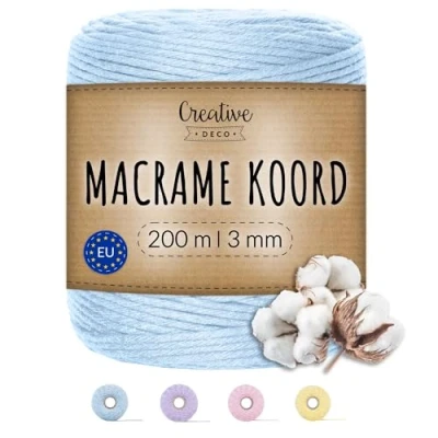 Afbeelding van Creative Deco Macrame Koord Katoenen Blauw Licht 200 m 2 3 mm Dikte