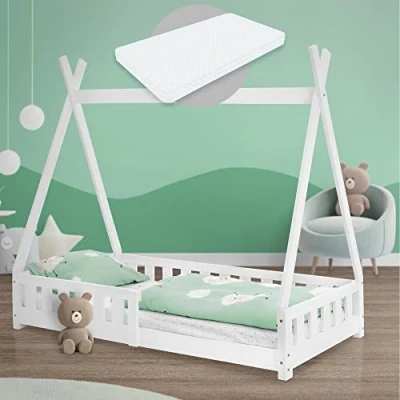 Afbeelding van Kinderbed Tipi 80x160 cm wit gemaakt van dennenhout incl. matras H 10cm uitvalbescherming en lattenbodem ML Design