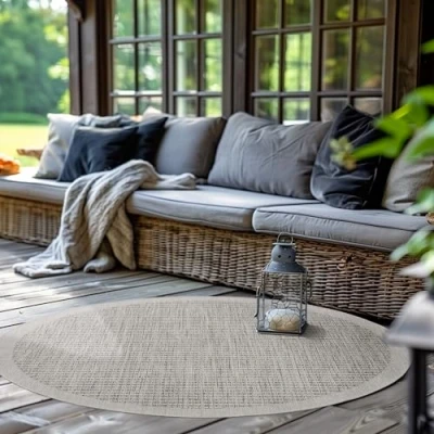 Afbeelding van Ronde Buitentapijt voor Terras, Balkon en Tuin, Keukentapijt in Effen Design, Weerbestendig Platgeweven met Sisal Look, Wasbaar Tapijt 200 cm Rotondo, Grijs