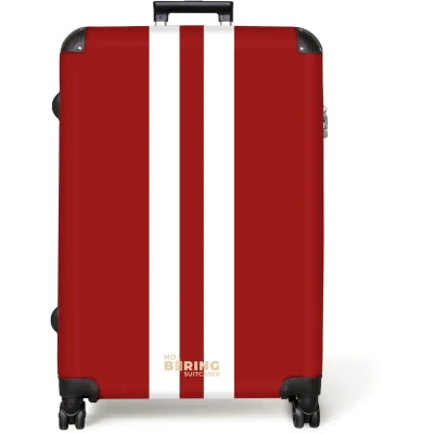 Afbeelding van NoBoringSuitcases.com® Koffer groot Reiskoffer lichtgewicht Rode achtergrond met dubbele witte middenstreep Rolkoffer 4 wielen Grote trolley XL 98 liter bagage