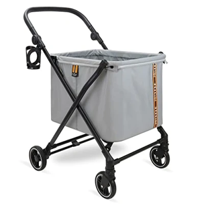 Afbeelding van MY DUQUE Max Shopping Caddy Persoonlijke boodschappentrolley, opvouwbare boodschappentas met 4 wielen, vering, hoogteverstelling, voetrem, bekerhouder en modern design, tot 25 kg draagvermogen, grijs