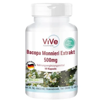 Afbeelding van Bacopa Monnieri extract 500 mg 60 capsules gestandaardiseerd 20% Bacoside Ayurvedisch kruid Brahmi hoge dosis en veganistisch Kwaliteit uit Duitsland ViVe Supplements
