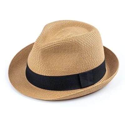 Afbeelding van DRESHOW vrouwen stro Panama hoed Fedora strand zonnehoed korte rand oprollen UPF 50 +