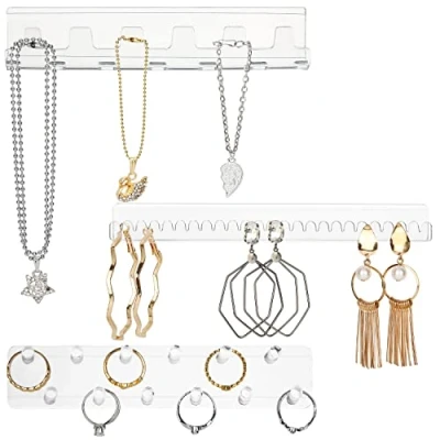 Afbeelding van Belle Vous 3 Pak Doorzichtig Acryl Ketting Sieraden Houders Set van Zelfklevende Muur Gemonteerde Haken &amp; Pinnen Hangende Display voor Kettingen, Ringen, Armbanden Oorbellen Opslag Houder