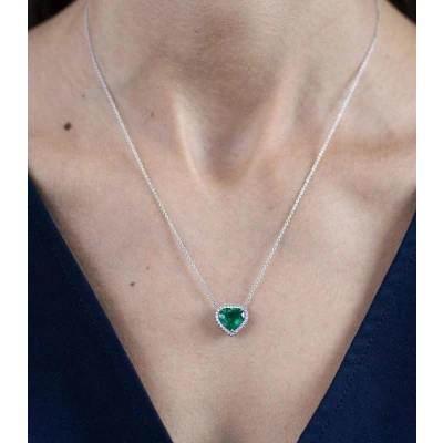 Afbeelding van 925 Sterling Zilveren Ketting met Smaragdgroene Zirkonia Hart &amp; Halo Solitair Elegant en Stijlvol Ontwerp