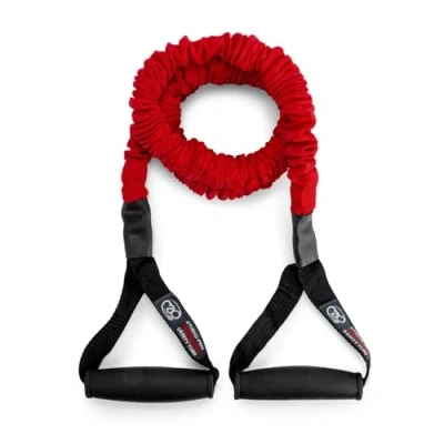 Afbeelding van Fitness Mad Weerstandsband, gymnastiekband, fitnessband, in 4 weerstandssterktes, licht, medium, sterk en extra sterk, stoffen bekleding ter bescherming tegen latexallergie, comfortabel de hand, 1,20 m lang, inclusief deuranker oefenboek