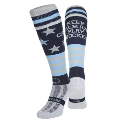 Afbeelding van WackySox Keep Calm and Play Hockey Marineblauwe hockeysokken op knielengte, Blauw, Large