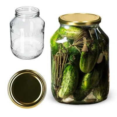 Afbeelding van KADAX Weckpotten, 2,5 liter, inmaakpot, diameter van 100 mm, voorraadpot, komkommerglas, ronde potten (1 stuk, gouden deksel)