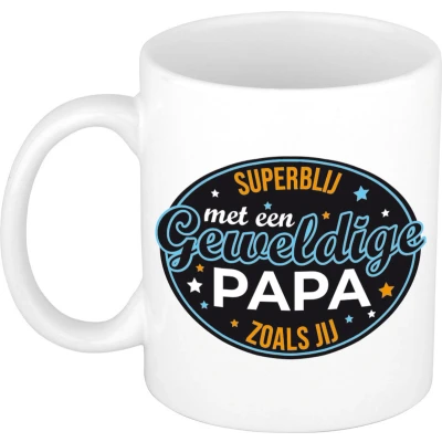 Afbeelding van Superblij met papa cadeau mok / beker wit kado Vaderdag verjaardag feest mokken