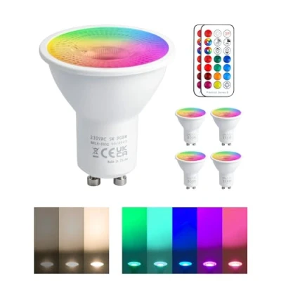 Afbeelding van REYLAX gu10 LED Kleur Veranderende Gloeilampen, 5W Dimbare Ledspot Warm Wit 3000K, RGB 12 Kleuren Spotlight Lamp met Afstandsbediening, 5 Modes, Equivalent 50 Watt Lampen, 4 Stuks