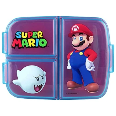 Afbeelding van p:os Super Mario broodtrommel voor kinderen met 3 vakken, lunchbox van kunststof clipsluitingen, kleuterschool, school en vrije tijd
