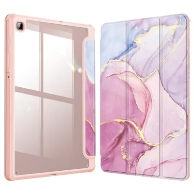 Afbeelding van Fintie Hoes voor Samsung Galaxy Tab S6 Lite 10.4 2020 met S pennenhouder Transparant Harde Schaal Achterkant Beschermhoes Zachte TPU Rand Bumper SM P610/P615, (Z Marmer Roze/Goud)