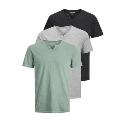 Afbeelding van JACK &amp; JONES JJESPLIT Basic T shirt voor heren, V hals, korte mouwen, jersey katoenen met knopen, Verpakking van 3 (Pack C: Dusky Green, Crockery, Black), XL