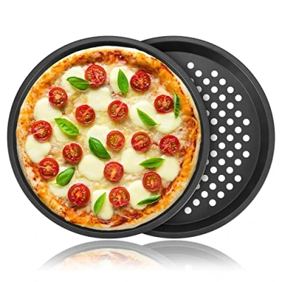 Afbeelding van Pizzaplaat, rond, 28 cm, met gaten, verlaagde bakplaat, anti aanbakbakken van koolstofstaal voor pizza en flambÃ©e, set 2 pizzapannen, geperforeerd oven, verouderde korst