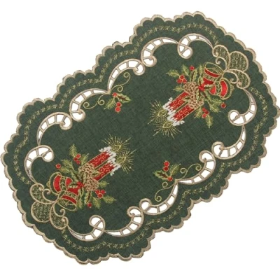 Afbeelding van Quinnyshop Donkergroene kerst placemat tafel dekken linnen look met rode kaarsen borduurwerk (ca. 30x45 cm Ovaal)