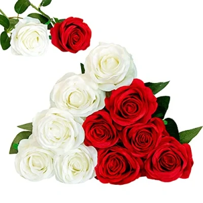 Afbeelding van Floralsecret 12 stuks kunstrozen van zijde, bloemboeketten, kunstbloemen voor thuis, bruiloft, feest, tuindecoratie (wit, rood)