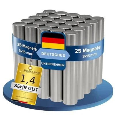 Afbeelding van 25x neodymium power magneet zilver staafmagneet extra sterk lang diameter 3x15mm sterke magneten supermagneet hechtkracht ca. 0,5 kg voor whiteboard, prikbord, magneetbord,