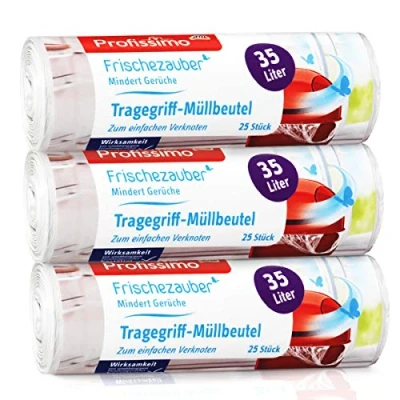 Afbeelding van Profissimo 35 liter draaggreep vuilniszak versmagie 3 pack 75 zakken (3 x 25 stuks) vermindert geurtjes, bijzonder scheurvast en vloeistofdicht