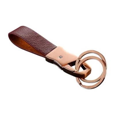 Afbeelding van Cerbery® Elegante sleutelhanger van leer met ringen en geschenkdoos, sleutelkoord, sleutelhouder, sleutelring, autofoto, gravure, ring, dames heren, cadeau, goud, M