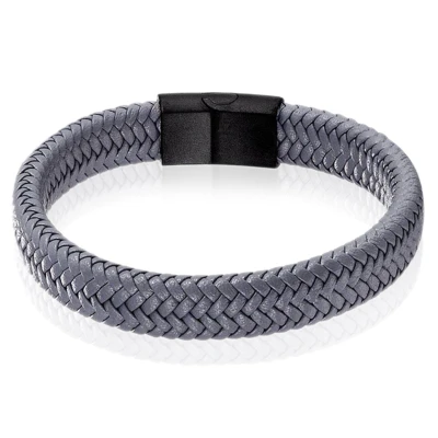 Afbeelding van Gevlochten Leren Armband Heren Edelstaal Sluiting Grijs Zwart 18.5cm