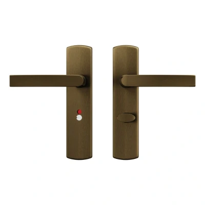 Afbeelding van AXA Binnendeurbeslag set (Curve Klik) Brons geslepen: Kruk (model Blok Zwaar) op schild voor toilet/badkamer TL63 8