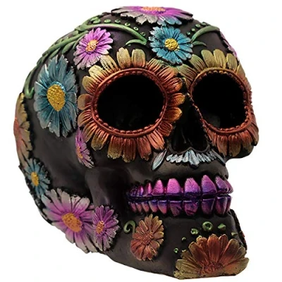 Afbeelding van Puckator gotische metallic dag van de dode bloem schedel decoratie, kunsthars, multi, hoogte 11.5cm breedte 10cm diepte 14cm
