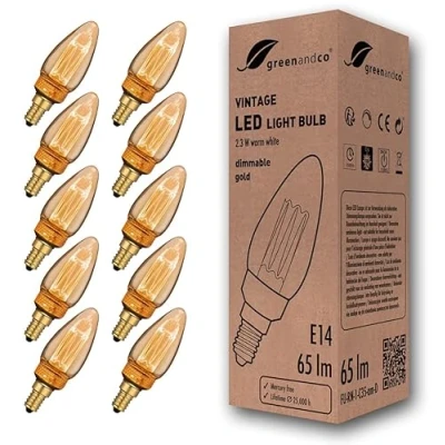 Afbeelding van 10 stuks greenandco® dimbare Vintage Design LED lamp in retro stijl voor sfeerverlichting E14 C35 Edison lamp, 2,3W 65lm 1800K extra warm wit 320 230V flikkervrij