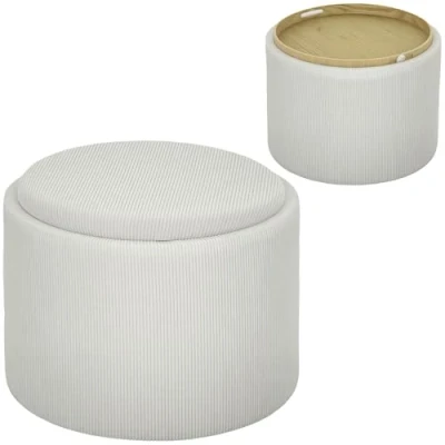 Afbeelding van HOMCOM Sitzhocker mit Stauraum Hocker Deckel, Runder Fußhocker Polsterhocker Couchtisch Cord Optik 56 x 42 cm Cremeweiß