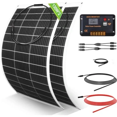 Afbeelding van ECO WORTHY 260 Watt 12 Volt flexibel zonnepaneel kit onafhankelijk off grid: 2 stuks 130 W + 30 A LCD display PWM laadregelaar 5 m zonnekabel voor caravan, camper, boot, cabine,