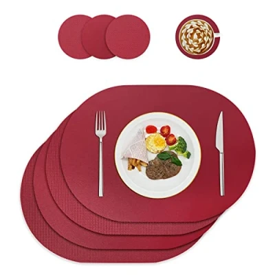 Afbeelding van Placemats en onderzetters van leer, afwasbaar, placemats, rond, tafeldecoratie voor keuken eettafel, set 4, ovaal, wijnrood