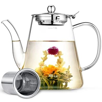 Afbeelding van Zpose Theepot van glas, 1200 ml, met zeefopzetstuk, hittebestendig, uitneembare roestvrijstalen zeef, theezeef, borosilicaatglas, theemaker deksel voor theebloemen, losse thee en theezakjes