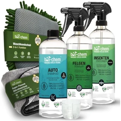 Afbeelding van bio chem Professionele reinigingsset voor buiten, 5 delig, lakvriendelijke reiniging van alle auto oppervlakken, autoshampoo, insectenverwijderaar, velgenreiniger, poetsdoek en 2 in 1