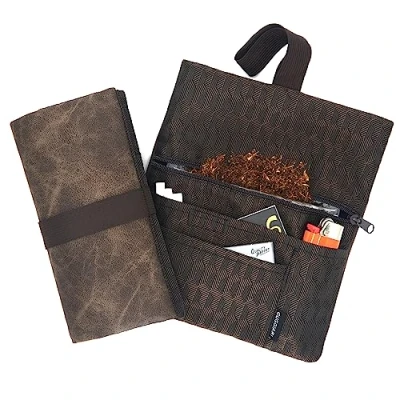 Afbeelding van GUGGIARI® Tabakstas voor vloeitjes en filter van PU leer stof, dames heren, zacht leer, met ritssluiting, opening klittenbandsluiting elastische bandsluiting, bruin