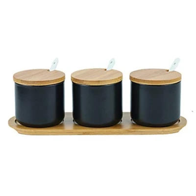 Afbeelding van OnePine Set van 3 keramische kruidenpotjes, zoutpot, keramiek, suikerpot, kruidenpotjes met lepel en bamboe deksel voor thee, suiker, zout, specerijen