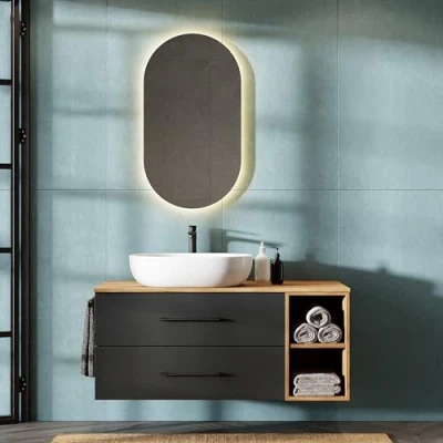 Afbeelding van Planetmöbel LUX Badkamermeubelset, wastafel met onderkast 120 cm, opzetwastafel 60 cm wit, spiegel 50 (zonder led), wastafelonderkast, goud eiken/antraciet