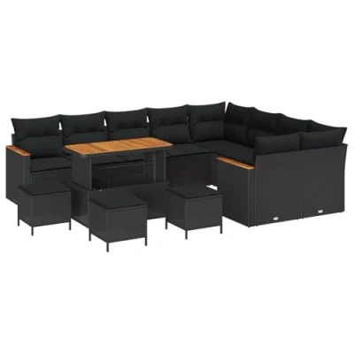 Afbeelding van vidaXL 13 Delige Tuin Sofa Set met Kussens Zwart Poly Rattan Acacia, 4 Eetset Acacia