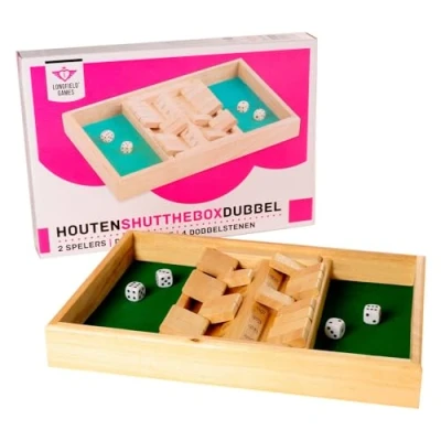 Afbeelding van Longfield Games Shut the box bordspel, 2 spelers, inclusief 4 houten dobbelstenen. Afm. 34 x 24 cm