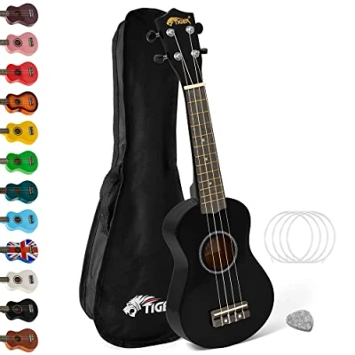 Afbeelding van TIGER UKE7 BK Sopraan Ukulele voor beginners inclusief gigbag, vilt pick, reserve set snaren nu uitgerust met Aquila zwart