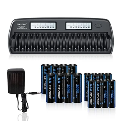 Afbeelding van CITYORK 16 Bay LCD Smart AA/AAA Lader met 8 AA 3000mAh Batterijen en 1100mAh (8 Pack + AAA Lader)