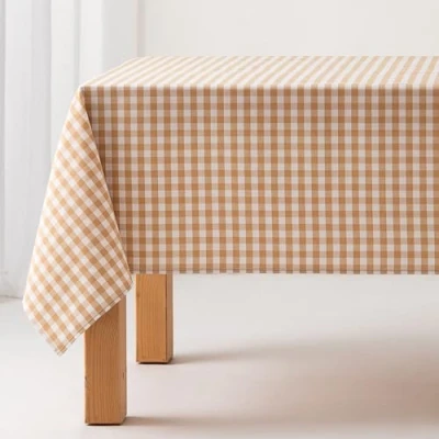Afbeelding van GAMUSI Tafelkleed, vuilafstotend, vierkant, vichy patroon, katoen, waterdicht, 140 x cm, beige