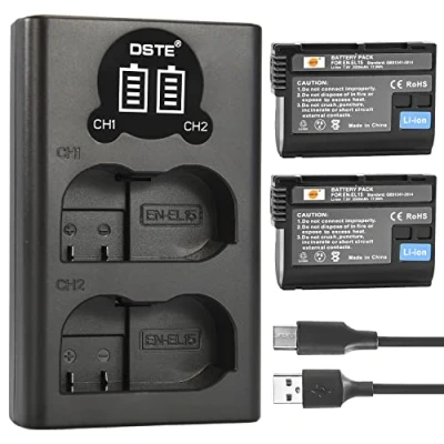 Afbeelding van DSTE en EL15 reserveaccu (verpakking van 2) Smart LED Dual USB oplader compatibel met Nikon D500 D600 D610 D800 D850 D800E D750 D7000 D7100 D7200