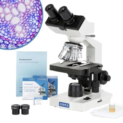 Afbeelding van OMAX 40X 2000X LED verrekijker Compound Lab Microscoop w/Dubbellaags Mechanisch Stage + Blanco Slides, Cover Slips, &amp; Lens Reinigingspapier, M82ES SC100 LP100