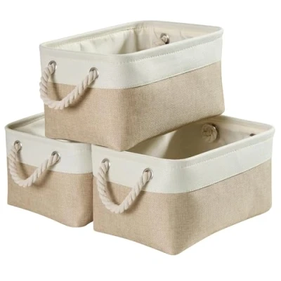 Afbeelding van Mangata Canvas Opbergdoos set van 3, opvouwbare stoffen opbergmanden met handgrepen voor kasten, kledingkast, planken, kleding, speelgoed, handdoek, badkamer (klein, kaki wit)