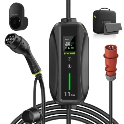 Afbeelding van SYNCWIRE 11kW EV lader type 2 5,5m [3 fasen] [6 16A] met instelbaar laadvermogen laadkabel Schuko, helder LCD scherm, IP65 waterdichte oplaaddoos, kabelhouder, opbergtas