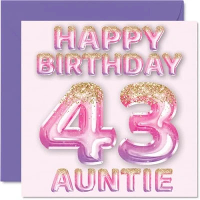 Afbeelding van 43e verjaardagskaart voor tante roze en paarse glitterballonnen gelukkige verjaardagskaarten 43 jarige van neef nichtje, 145 mm x cadeau