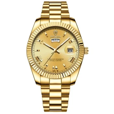 Afbeelding van JewelryWe Herenhorloge roestvrij staal oplichtend horloge: 30 m waterdicht week datum kalender analoog kwarts polshorloge heren gouden roestvrijstalen armband horloge met lichtgevende wijzers &amp;