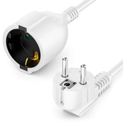 Afbeelding van deleyCON 3,0m Verlengkabel Stroomkabel Voedingskabel Verlenging Veiligheidsstekker Type F (CEE 7/4) met Hoek van 90 naar Connector 7/3) Contactbeveiliging TV PC Computer Beamer Wit