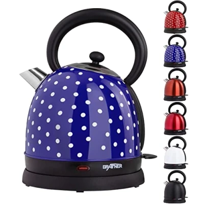 Afbeelding van Grafner Retro waterkoker 2200 Watt, 1,8 liter, roestvrij stalen behuizing, gewenste kleur, uitneembaar kalkfilter, draadloos, oververhittingsbeveiliging, BPA vrij, cool touch, waterniveau indicator
