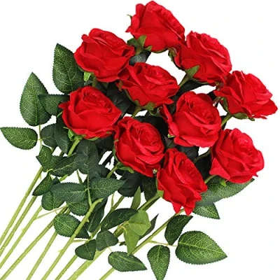 Afbeelding van Veryhome 10 Stks Vrouwendag Kunstrozen Zijde Bloemen Nep Enkele Stam Bloeiende Rose Bruids Boeketten Voor Bruiloft Thuis Verjaardagsfeest Arrangment Tuin Decoratie (Rood)